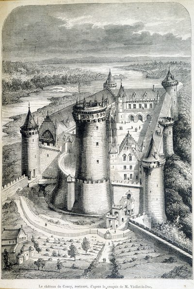Le chateau de Coucy, restauroitu - kaiverrus luonnoksesta//kirjoittaja Eugene Viollet-le-Duc (Viollet le Duc) (1814-1879) - "" Le Monde illustrious""" 8.5.1858. tekijältä Eugene Emmanuel (after) Viollet le Duc