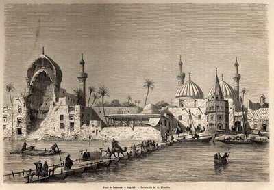 Eugene Flandinin (1809-1876) piirtämä venesilta Bagdadissa havainnollistamaan hänen matkaansa Mesopotamiaan vuosina 1840-1842. Kaiverrus ”” Le tour du monde”” 1861. Selvan kokoelma. tekijältä Eugene Flandin