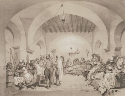 Cafe du Divan, Alger, teoksesta, jossa muistetaan Ranskan retkikuntajoukkoja, jotka valloittivat Algerin vuonna 1830. Kaiverrus Adolphe Jean-Baptiste Bayot (1810-66) tekijältä Eugene Flandin