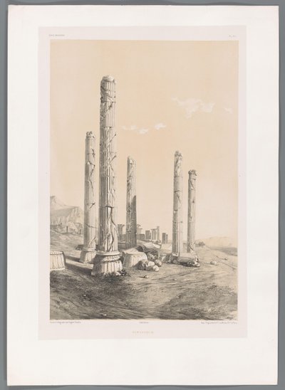Persepoliksen rauniot Persepolis (otsikko esineessä) Persialaiset maisemat (sarjan nimi) Perse modern (sarjan nimi) tekijältä Eugene Flandin