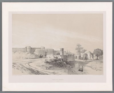 Shemranin portti Teheranissa Porte de Chimran Tehran (otsikko esineessä) Persialaiset maisemat (sarjan nimi) Perse modern (sarjan nimi) tekijältä Eugene Flandin