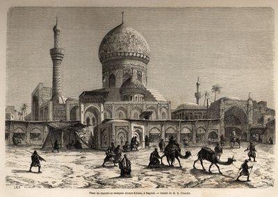 Marchen aukio ja Ahmet Khiaia -moskeija Bagdadissa, Eugene Flandinin (1809-1876) piirustukset havainnollistamaan hänen matkaansa Mesopotamiaan vuosina 1840-1842. Kaiverrus ”” Le tour du monde”” 1861. Selvan kokoelma. tekijältä Eugene Flandin