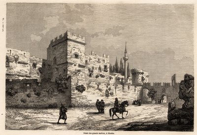 Suurten mestareiden palatsi Rodoksella, piirros Eugene Flandin havainnollistamaan hänen matkaansa Rodoksen saarelle vuonna 1844. Kaiverrus kirjaan "" Le tour du monde", toimittanut Edouard Charton tekijältä Eugene Flandin