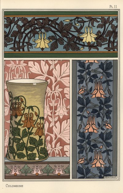 Columbine kukka, Aquilegia vulgaris, kuvioissa tapetille, kankaalle ja maljakoille tekijältä Eugene Grasset