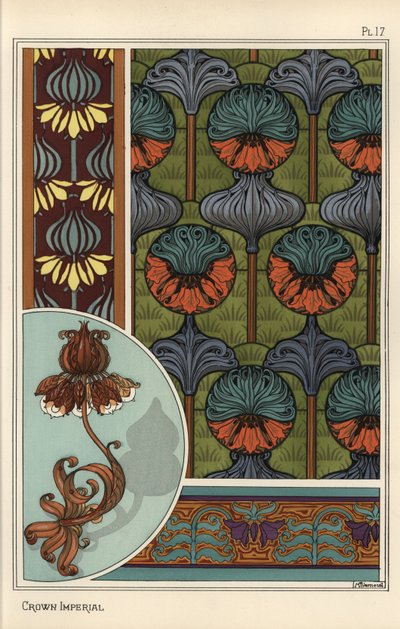 Kruunun keisarillinen kukka, Fritillaria imperialis, tapeteissa ja kangaskuvioissa sekä suunnitteluna takorautaiseen lamppuun tekijältä Eugene Grasset
