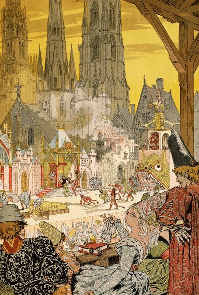 Kuvaus mysteeristä katedraalin kirkkopihalla, kuvitus Notre-Dame de Parisille, Victor Hugo (1802-1885) tekijältä Eugene Grasset