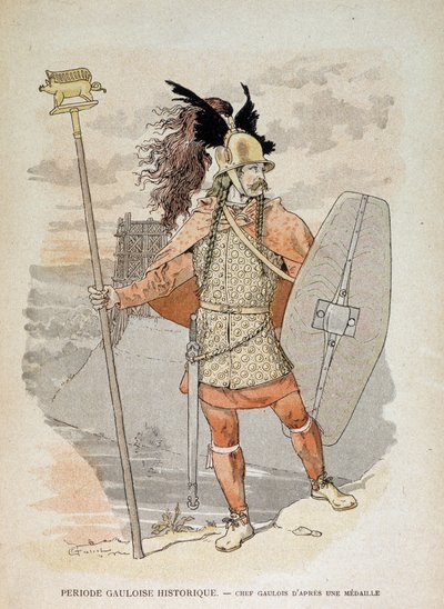 Gallialainen johtaja (mitalin jälkeen): pitelee "" lippua"""" karjun koristelu opettaa - teoksessa "" Illustrous Teaching Cahiers, Sotapuvut pronssi- ja galliakaudelta", ed Grasset tekijältä Eugene Grasset