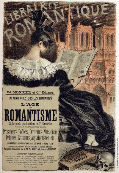 Kirjallisuus. Librairie romantique (Romanttinen kirjakauppa.) Eugene Grassetin juliste toimittaja Monnierille, Ranska, n. 1890 Coll. Osa. (juliste) tekijältä Eugene Grasset