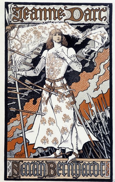 Juliste "" Joan of Arc"" (Henriette Rosine Bernard, Sarah Bernhardt (1844-1923) näyttelee Jeanne of Arcissa). Sd. noin 1890 tekijältä Eugene Grasset