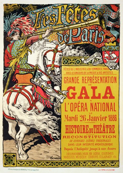 Jäljennös julisteesta, joka mainostaa "Fetes de Paris" -julistetta Pariisin Opera Nationalissa, 1885 tekijältä Eugene Grasset