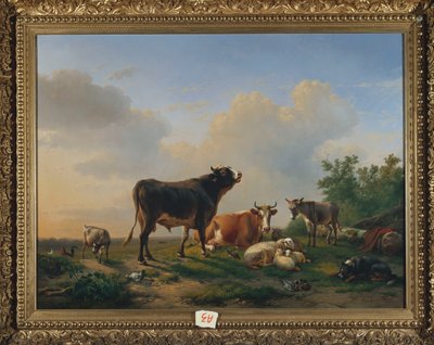 Härkä, lehmä, aasi, vuohi, lampaat ja siipikarja laajassa maisemassa, 1849 tekijältä Eugene Joseph Verboeckhoven