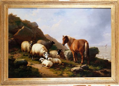Poni ja lammas kalliolla, jonka takana on purjelaiva, 1868 tekijältä Eugene Joseph Verboeckhoven