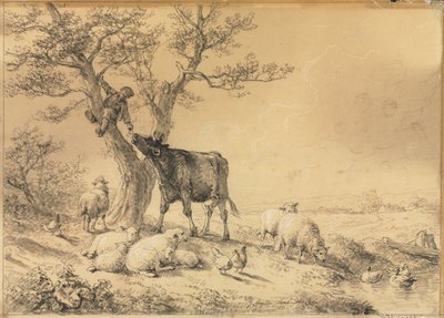 Maisema eläinten kanssa ja poika puussa, 1866. tekijältä Eugene Joseph Verboeckhoven