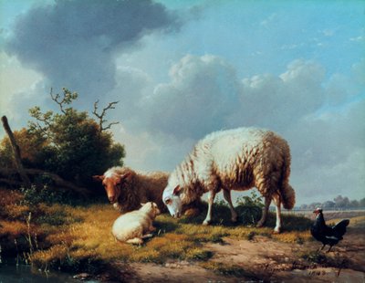 Lampaat ja siipikarja maisemassa, 1800-luku. tekijältä Eugene Joseph Verboeckhoven