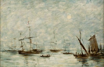 Veneitä ankkuroituna satamaan (öljy kankaalle) tekijältä Eugene Louis (attr.to) Boudin