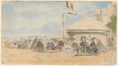 Beach House lipuilla Trouvillessa, n. 1865. tekijältä Eugene Louis Boudin