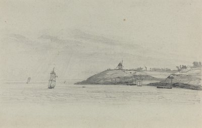Rannikkomaisema merenkulun kanssa, tuulimylly kaukana, c. 1858. tekijältä Eugene Louis Boudin