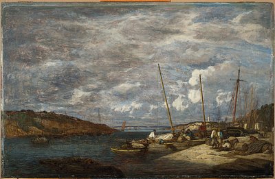 Kalastusveneet laiturissa, Douarnenez, 1855 tekijältä Eugene Louis Boudin
