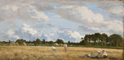 Heinänteko (Le Foins), n. 1870-1890 (öljy tammilevylle) tekijältä Eugene Louis Boudin