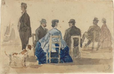 Naiset ja herrat istuvat rannalla koiran kanssa, 1866. tekijältä Eugene Louis Boudin