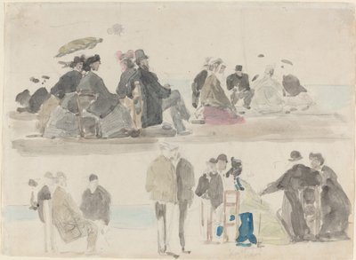 Naiset ja herrat rannalla, kahdessa rekisterissä, n. 1865. tekijältä Eugene Louis Boudin