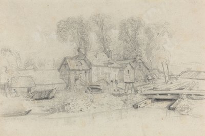 Jokimaisema rakennuksilla, veneillä ja hahmoilla, c. 1858. tekijältä Eugene Louis Boudin