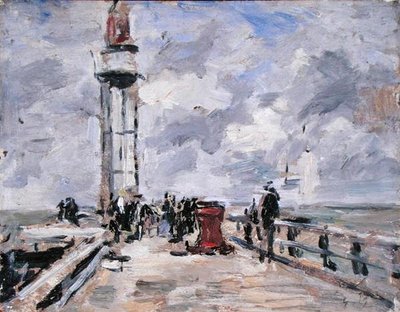 Laituri ja majakka Honfleurissa, n. 1885-1890 (öljy paneelissa) tekijältä Eugene Louis Boudin