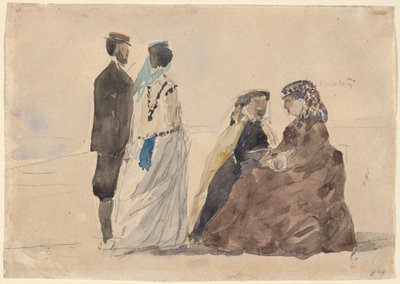 Kaksi naista istuvat ja pari kävelee rannalla, n. 1866. tekijältä Eugene Louis Boudin