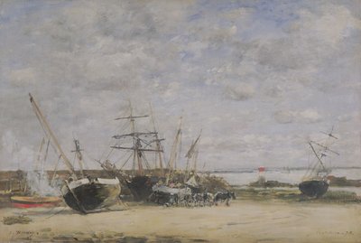 Aluksia ja hevosia rantaviivalla tekijältä Eugene Louis Boudin
