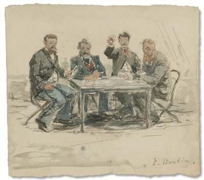 Saint-Siméonin tilalla (Jongkind, Émile van Marcke, Claude Monet ja "Father Achard"), n. 1867 (akvarelli ja kynä paperille) tekijältä Eugene Louis Boudin