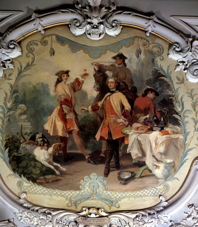 Metsästyslounas 1700-luvulla Eugene Louis Lamin (1800-1890) maalaus 1800-luvun Chantilly, Musee Conde tekijältä Eugene Louis Lami