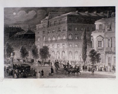 Animaatiota Pariisin Boulevard des Italians -teattereiden ympärillä. Kaiverrus Eugene Louis Lami (1800-1890) 1843 Yksityinen kokoelma tekijältä Eugene Louis Lami