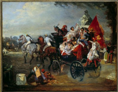 Karnevaalikohtaus Pariisissa, Place de la Concorde vuonna 1834. Eugene Louis Lamin (1800 - 1890) maalaus tekijältä Eugene Louis Lami