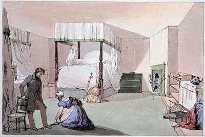 Hostelli: palvelija, joka auttaa asiakasta pukemaan kenkiä jalkaan. Kuvitus: Eugene Louis Lami (1800-1890), 1800-luvun puoliväli tekijältä Eugene Louis Lami