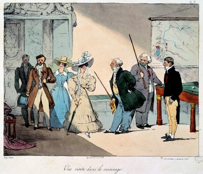 Elämä linnassa: vierailu naapurustossa. Litografia Eugene Louis Lamin (1800-1890) piirroksesta 1828 Paris, Musee Carnavalet tekijältä Eugene Louis Lami