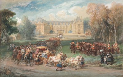 Ludvig XIV ajamassa linja-autoaan Versaillesin puistossa, 1870. tekijältä Eugene Louis Lami