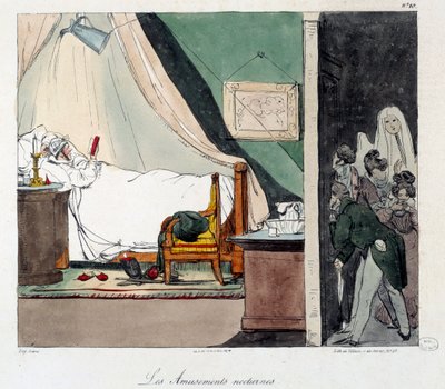 Yön hauskaa. Lapset pelkäävät pelästyttää sängyssä lukevaa henkilöä. Kuvitus kirjasta "La vie de chateau". Kaiverrus: Eugene Louis Lami (1800-1890) tekijältä Eugene Louis Lami