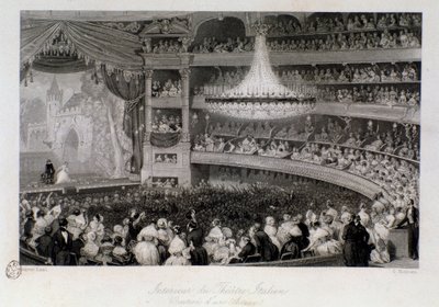 Näyttelijän aplodit esityksen aikana Theater des Italiansissa Pariisissa. Kaiverrus Eugene Louis Lami (1800-1890) 1843 Yksityinen kokoelma tekijältä Eugene Louis Lami