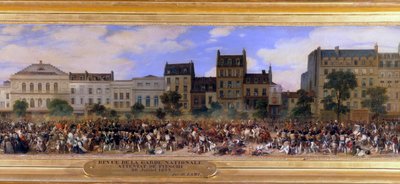 Giuseppe Fieschin (korsikan salaliiton) hyökkäys 28.7.1835 Ranskan kuningasta Louis-Philippe I:tä (1773-1850) vastaan, Boulevard du Temple Pariisissa (Louis Philippe arvostelee kansalliskaartia) Yksityiskohta Eugenen maalauksesta Lami (1800-1890) 1845 su. tekijältä Eugene Louis Lami