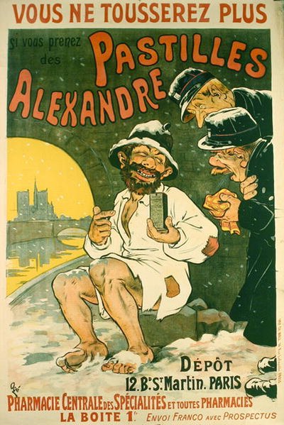 Juliste, jossa mainostetaan "Pastilles Alexandrea" (värilitografia). tekijältä Eugene Oge