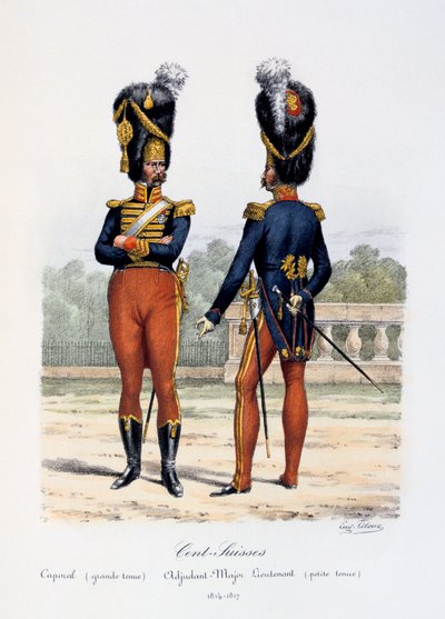 Cent-Suisses, korpraalin kokopuku, adjudantti-majuri-luutnantin riisuminen, 1814-17 tekijältä Eugene Titeux