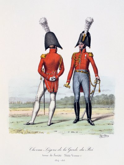 Kuninkaan vartijan kevyet hevoset, yrityksen pukeutuminen ja riisuminen, 1814-15 tekijältä Eugene Titeux