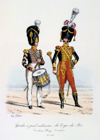 Kuninkaan joukkojen tavalliset jalkavartijat, rumpumajuri ja rumpali, 1822-30 tekijältä Eugene Titeux