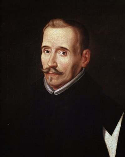 Muotokuva Felix Lope de Vega y Carpiosta (1562-1635), espanjalainen näytelmäkirjailija ja runoilija. Anonyymi maalaus Eugenio Caxesin koulusta 1600-luvulta. Öljy kankaalle. Yksityiskohta. Madrid. Lazaro Galdianon säätiö tekijältä Eugenio (attr. to) Caxes
