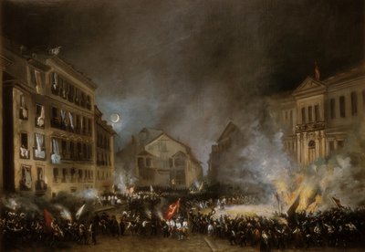 Vuoden 1854 vallankumouksen jakso Madridin Puerta del Solissa. Eugenio LUCAS VELAZQUEZin maalaus tekijältä Eugenio Lucas Velázquez