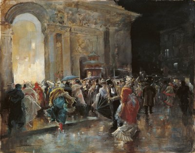 Saapuminen teatteriin Naamioballin yönä - Lucas Villaamil, Eugenio (1858-1919) - n. 1895 - Öljy puulle - 31x40 - Museo Carmen Thyssen, Málaga tekijältä Eugenio Lucas Villaamil