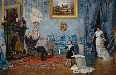 Fabriccin perhe, n. 1880, Eugenio Scomparini (1845-1913), öljy kankaalle, 68x187 cm, Italia tekijältä Eugenio Scomparini