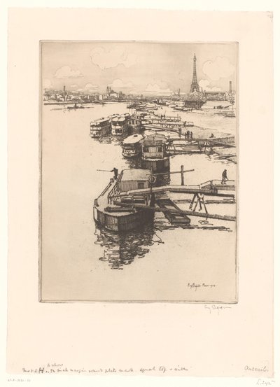 Laituri omnibus-veneineen Pariisissa Eiffel-tornin taustalla tekijältä Eugène Bejot (signed by artist)