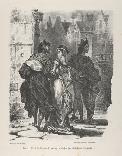 Faust yrittää vietellä Marguerite Goethea, Faust, 1825-27, 1825-27. tekijältä Eugène Delacroix