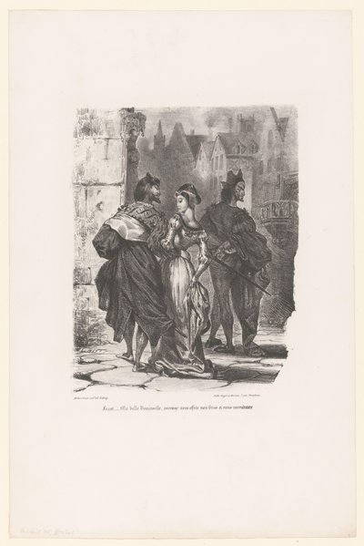 Faust probeert Grietje te verleiden Faust: Kaunis nuori neiti, uskaltaisinko tarjota sinulle käteni ja ajaa sinut kotiin? (otsikko esineessä) Faust (sarjan nimi) Faust, M. de Goethen tragedia (sarjan nimi) tekijältä Eugène Delacroix